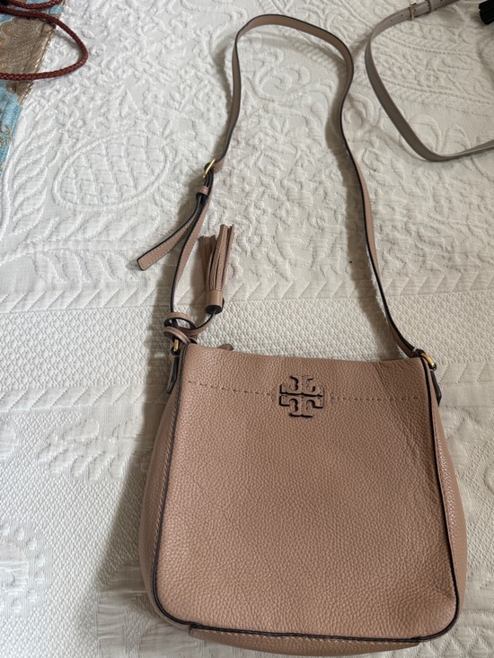 Tory Burch Handbags - Tory Burch Taupe Pebbled Leather Crossbody with Tassel